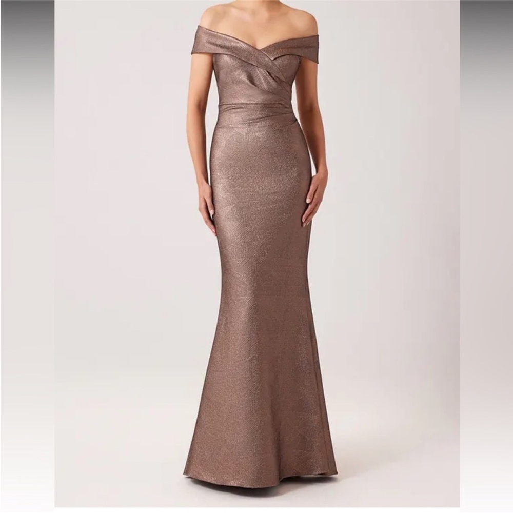Teri Jon Metallic Jacquard Portrait Off Shoulder Gown in Bronze